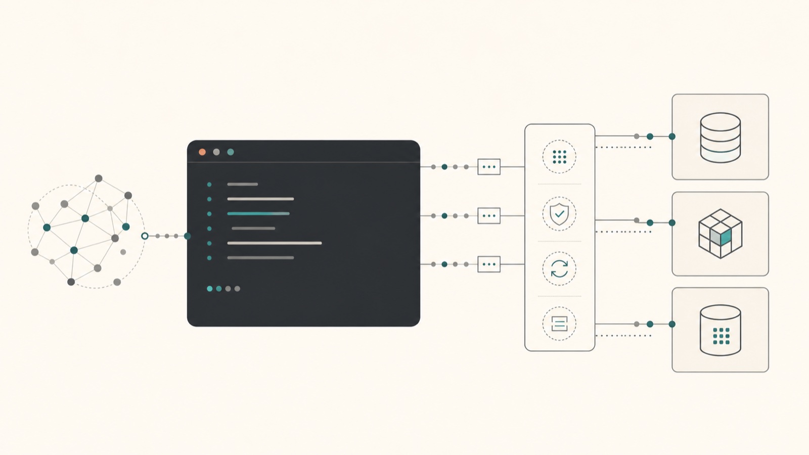 An abstract AI agent passing commands through a validated CLI boundary to enterprise systems